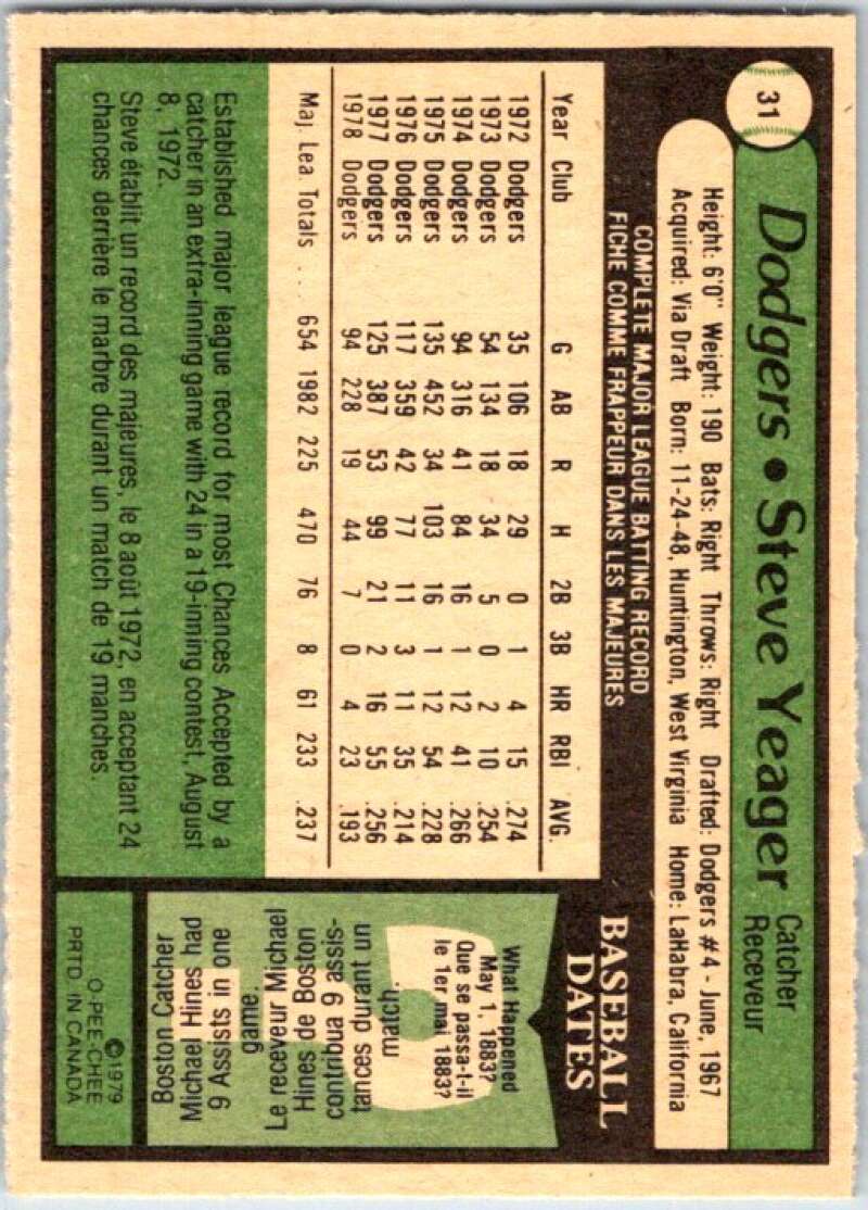 1979 OPC Baseball #31 Steve Yeager Los Angeles Dodgers V50301 Image 2