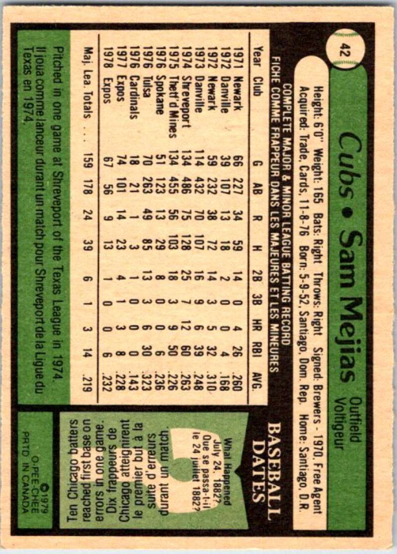 1979 OPC Baseball #42 Sam Mejias Montreal Expos V50303 Image 2