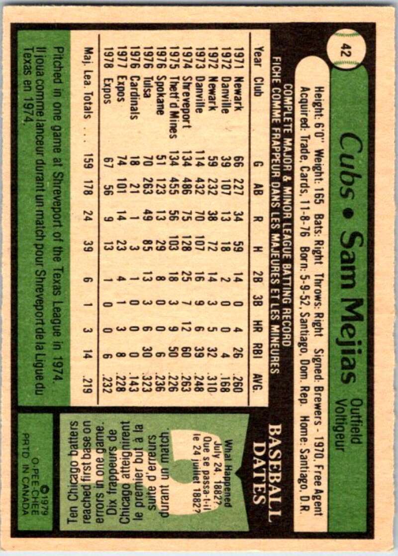 1979 OPC Baseball #42 Sam Mejias  Montreal Expos  V50303 Image 2