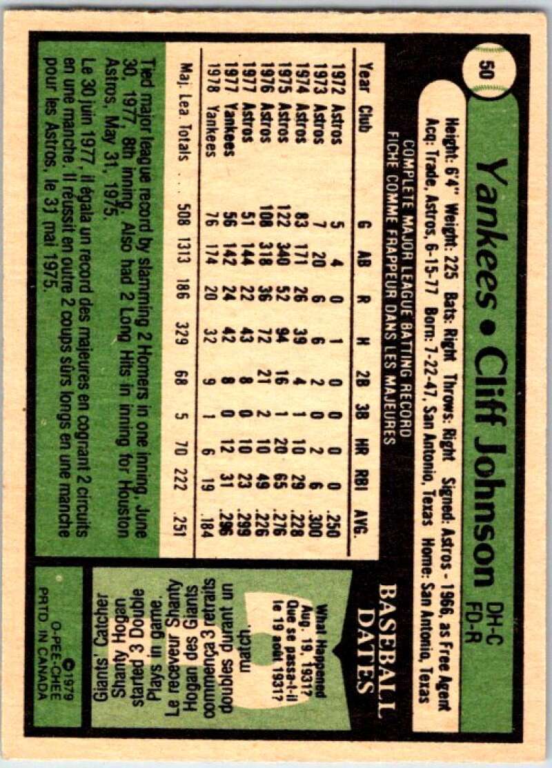 1979 OPC Baseball #50 Cliff Johnson New York Yankees V50308 Image 2