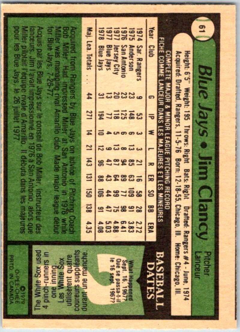 1979 OPC Baseball #61 Jim Clancy Toronto Blue Jays V50316 Image 2