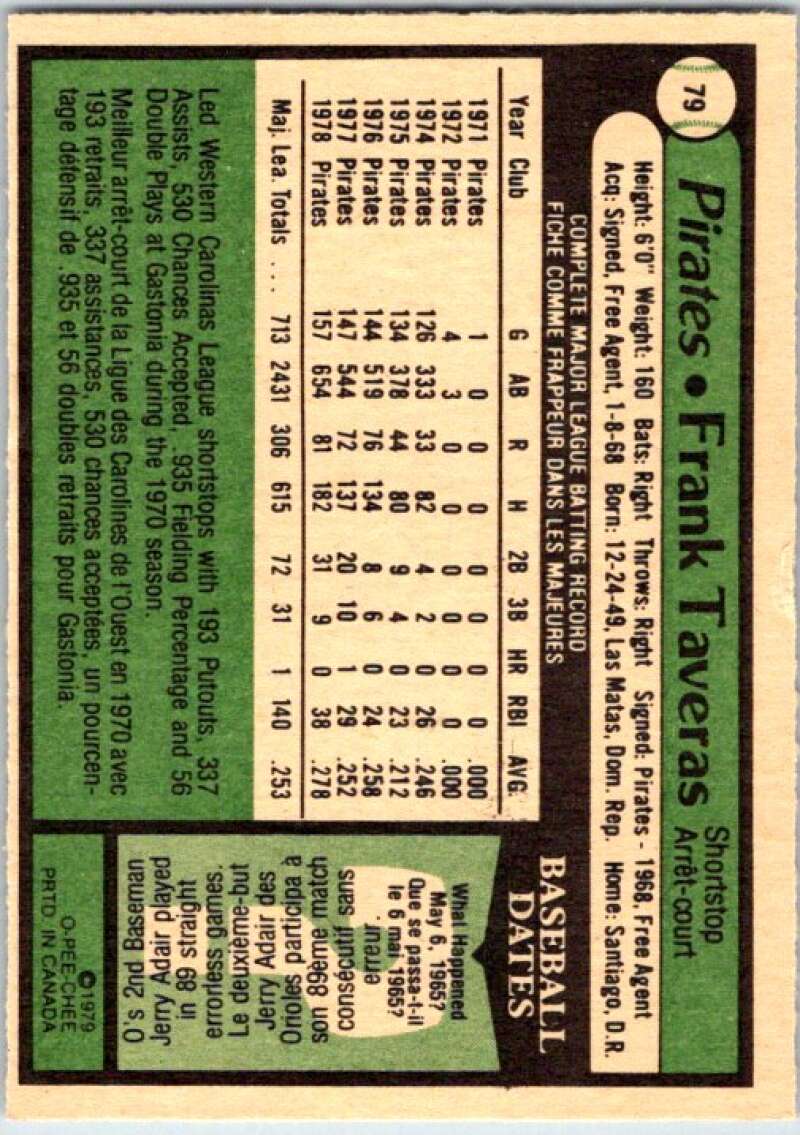 1979 OPC Baseball #79 Frank Taveras Pittsburgh Pirates V50326 Image 2