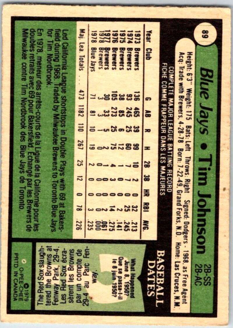 1979 OPC Baseball #89 Tim Johnson Toronto Blue Jays V50338 Image 2