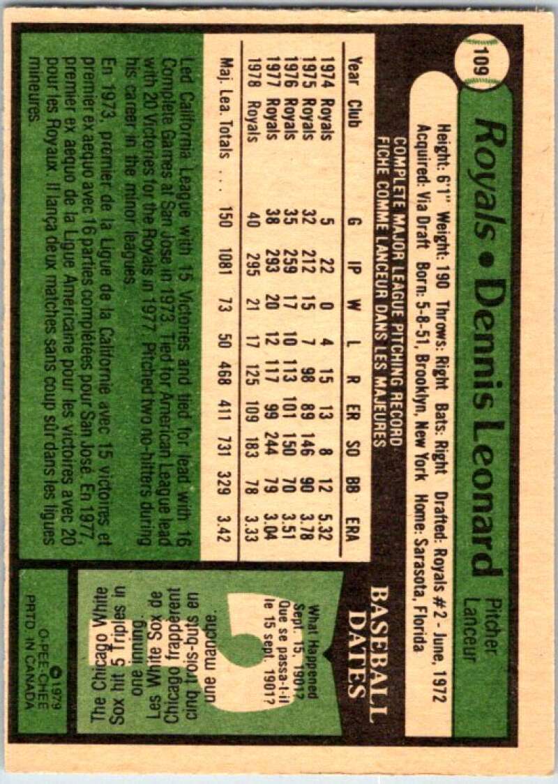 1979 OPC Baseball #109 Dennis Leonard Kansas City Royals V50354 Image 2