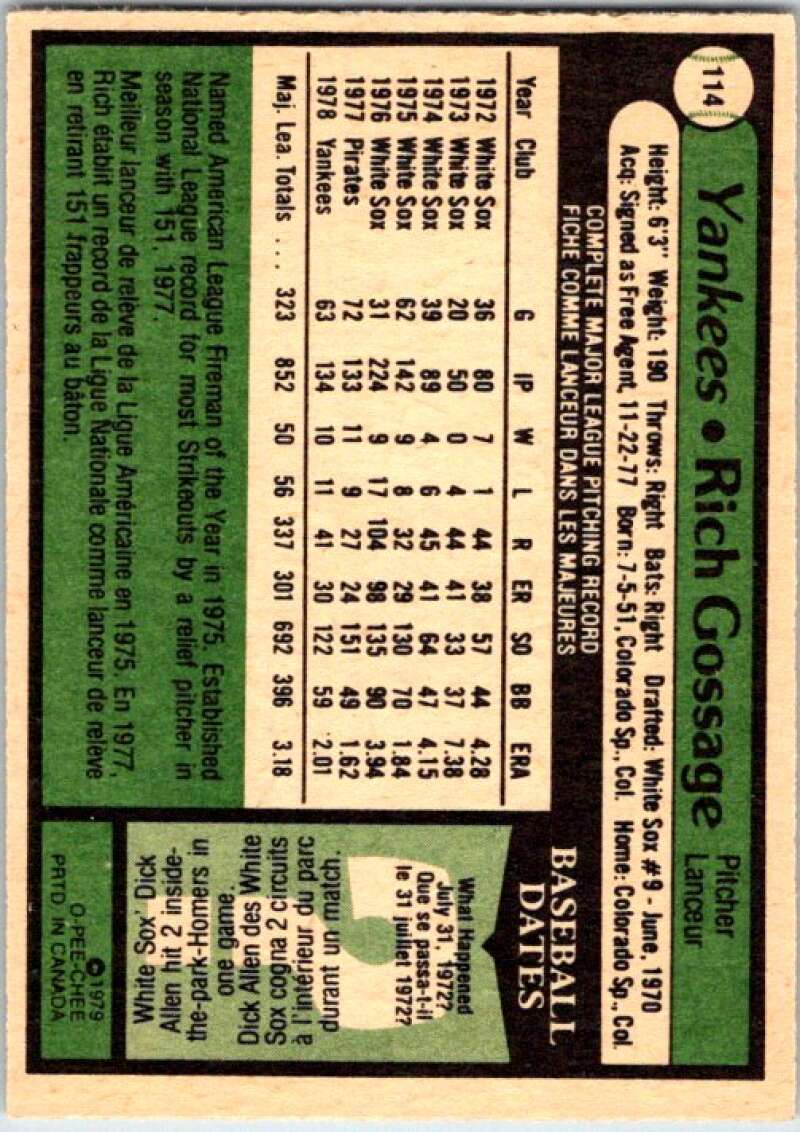 1979 OPC Baseball #114 Rich Gossage New York Yankees V50359 Image 2