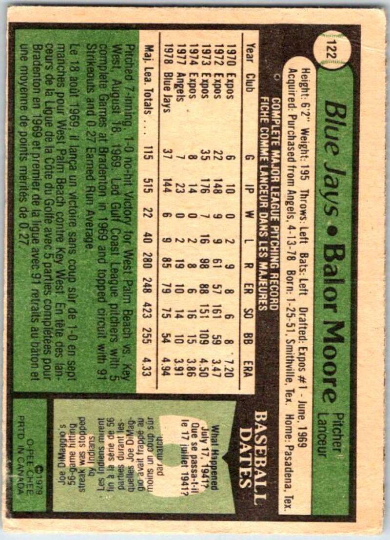 1979 OPC Baseball #122 Balor Moore Toronto Blue Jays V50369 Image 2