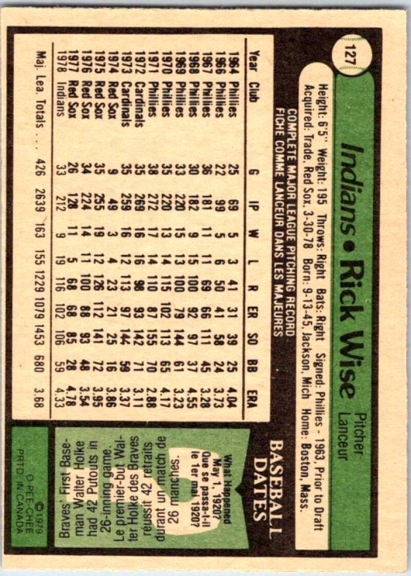 1979 OPC Baseball #127 Rick Wise  Cleveland Indians  V50372 Image 2