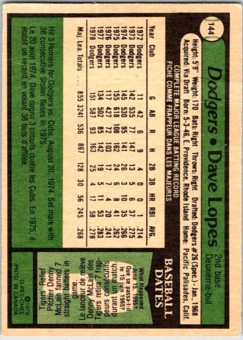 1979 OPC Baseball #144 Davey Lopes Los Angeles Dodgers V50384 Image 2