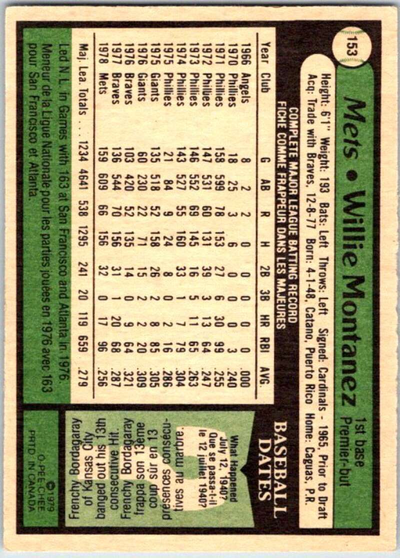 1979 OPC Baseball #153 Willie Montanez  New York Mets  V50388 Image 2