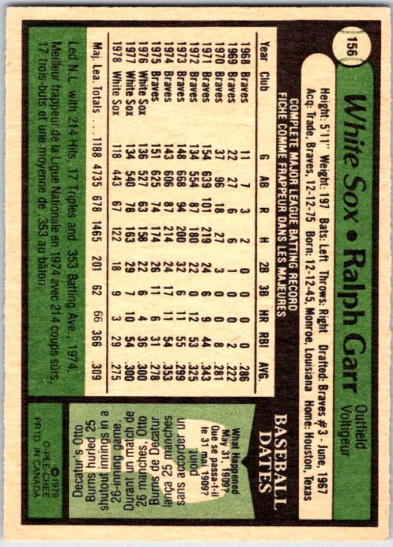 1979 OPC Baseball #156 Ralph Garr  Chicago White Sox  V50389 Image 2