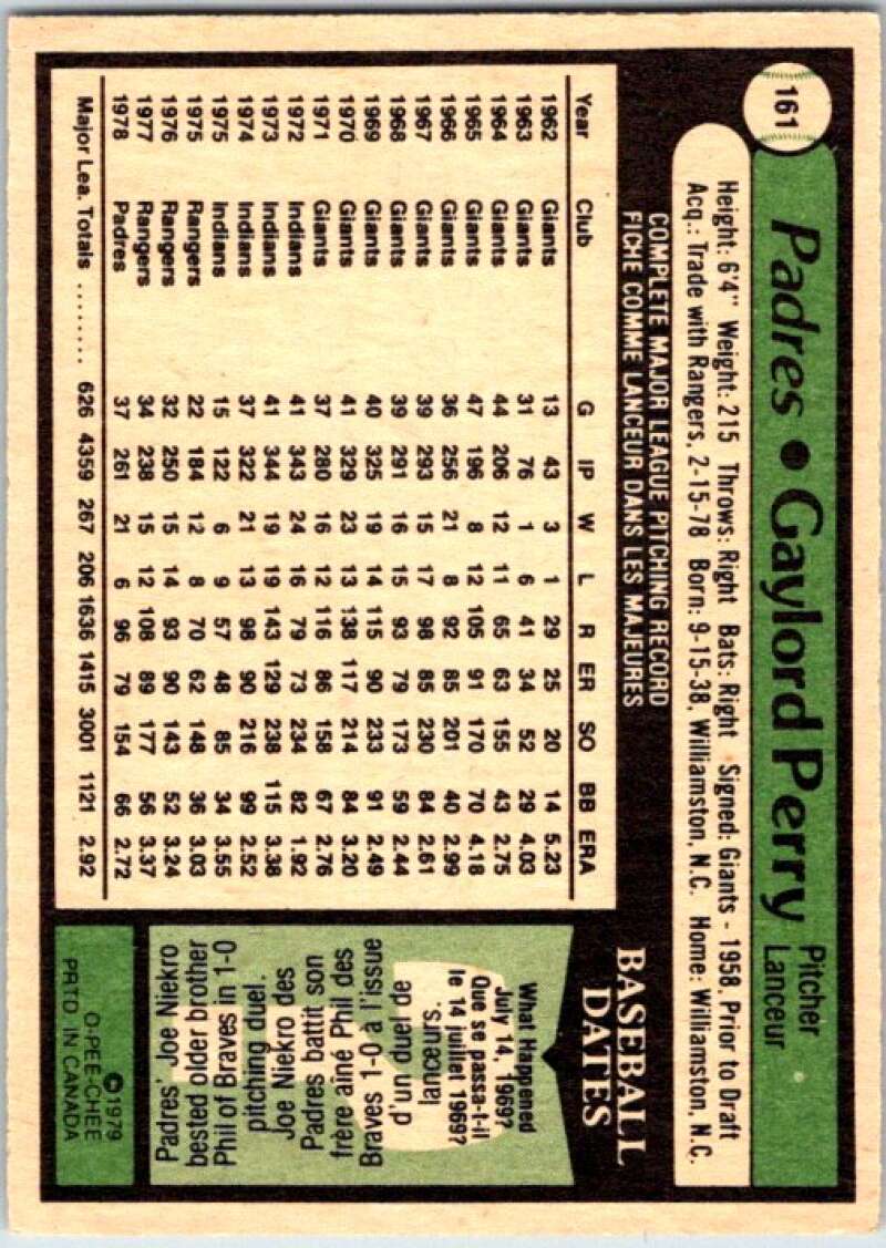 1979 OPC Baseball #161 Gaylord Perry  San Diego Padres  V50391 Image 2