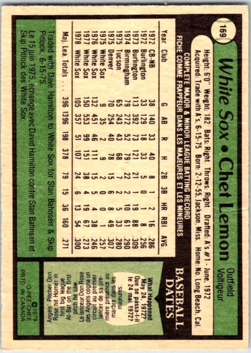 1979 OPC Baseball #169 Chet Lemon  Chicago White Sox  V50400 Image 2