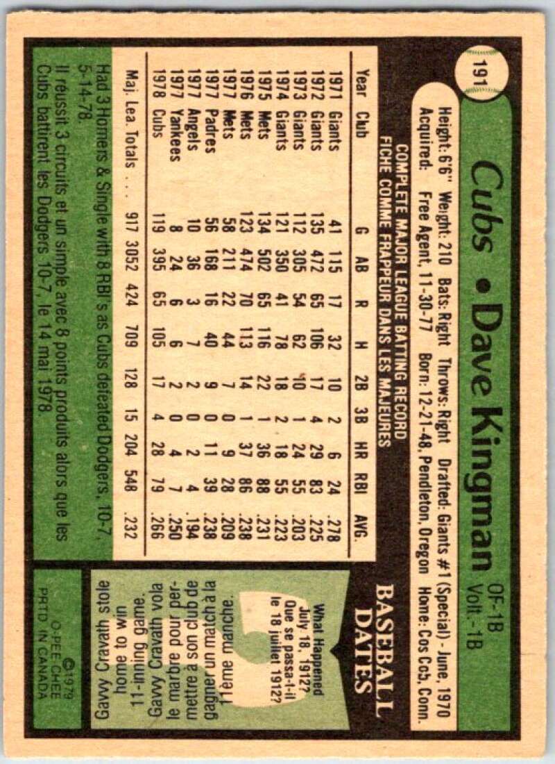 1979 OPC Baseball #191 Dave Kingman  Chicago Cubs  V50410 Image 2