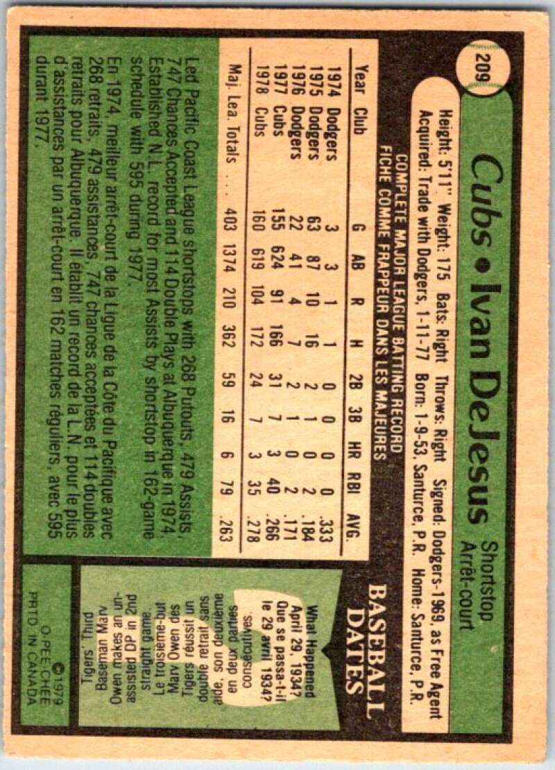 1979 OPC Baseball #209 Ivan DeJesus  Chicago Cubs  V50427 Image 2