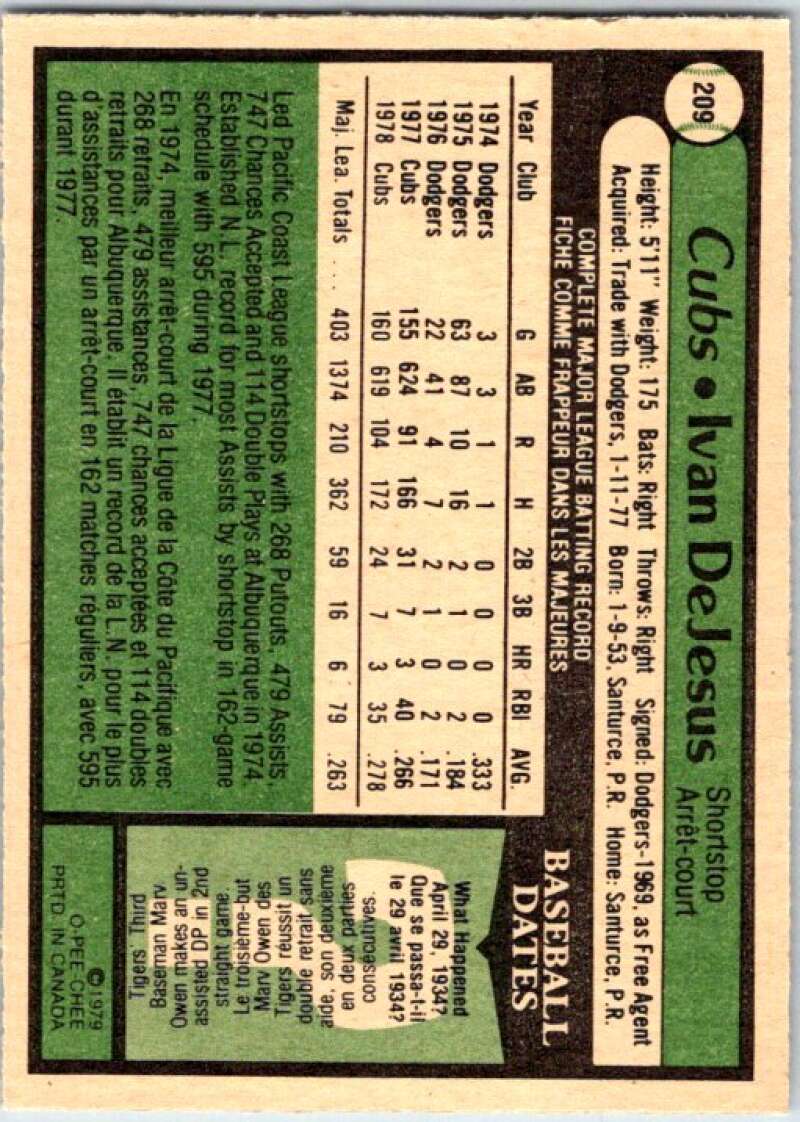 1979 OPC Baseball #209 Ivan DeJesus  Chicago Cubs  V50428 Image 2