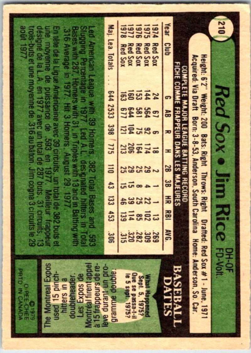 1979 OPC Baseball #210 Jim Rice  Boston Red Sox  V50429 Image 2