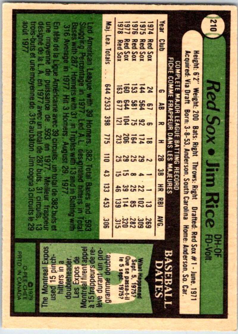 1979 OPC Baseball #210 Jim Rice Boston Red Sox V50430 Image 2