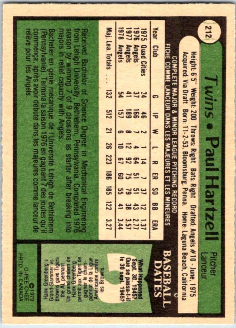 1979 OPC Baseball #212 Paul Hartzell California Angels V50432 Image 2