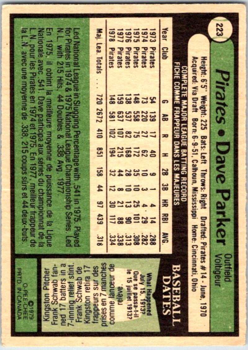 1979 OPC Baseball #223 Dave Parker  Pittsburgh Pirates  V50442 Image 2