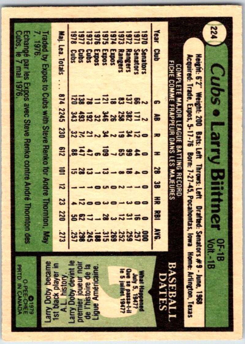 1979 OPC Baseball #224 Larry Biittner Chicago Cubs V50443 Image 2