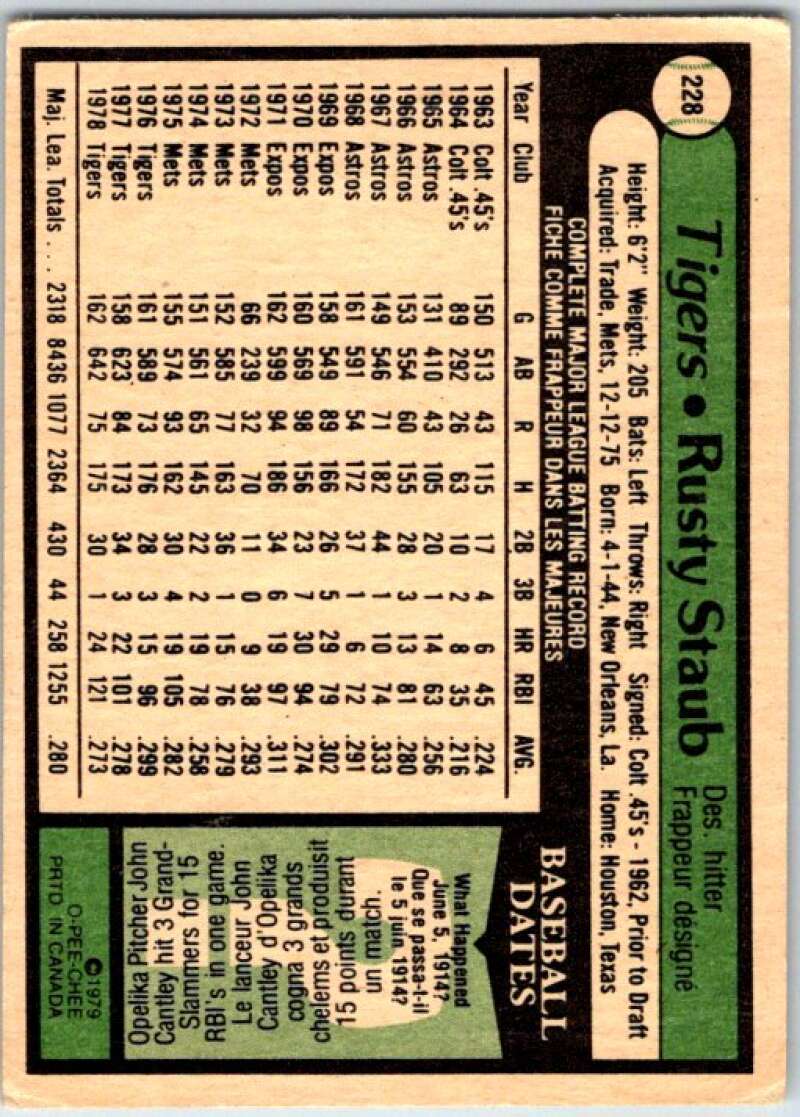 1979 OPC Baseball #228 Rusty Staub  Detroit Tigers  V50448 Image 2