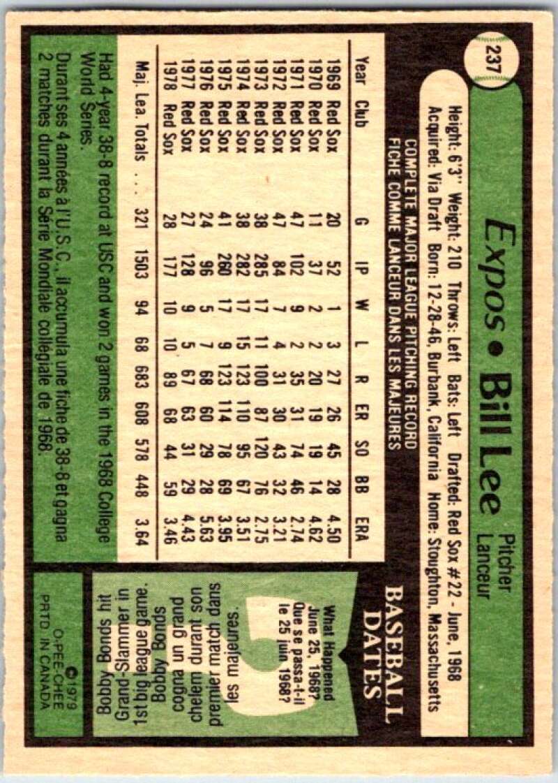 1979 OPC Baseball #237 Bill Lee DP  Boston Red Sox  V50452 Image 2