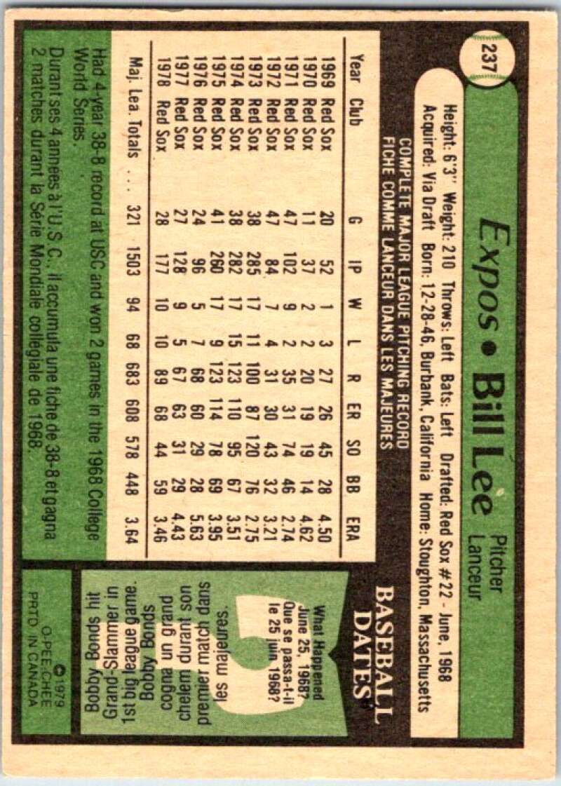 1979 OPC Baseball #237 Bill Lee DP  Boston Red Sox  V50453 Image 2