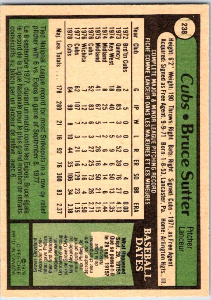 1979 OPC Baseball #238 Bruce Sutter Chicago Cubs V50454 Image 2