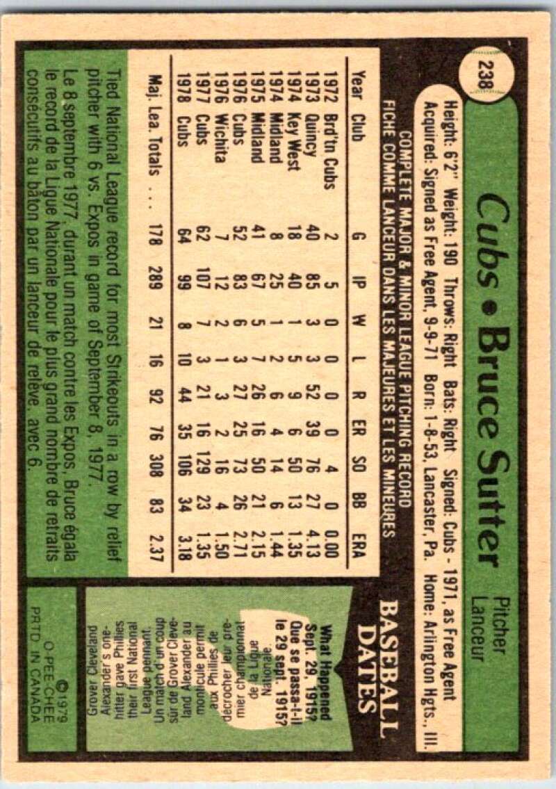 1979 OPC Baseball #238 Bruce Sutter  Chicago Cubs  V50454 Image 2