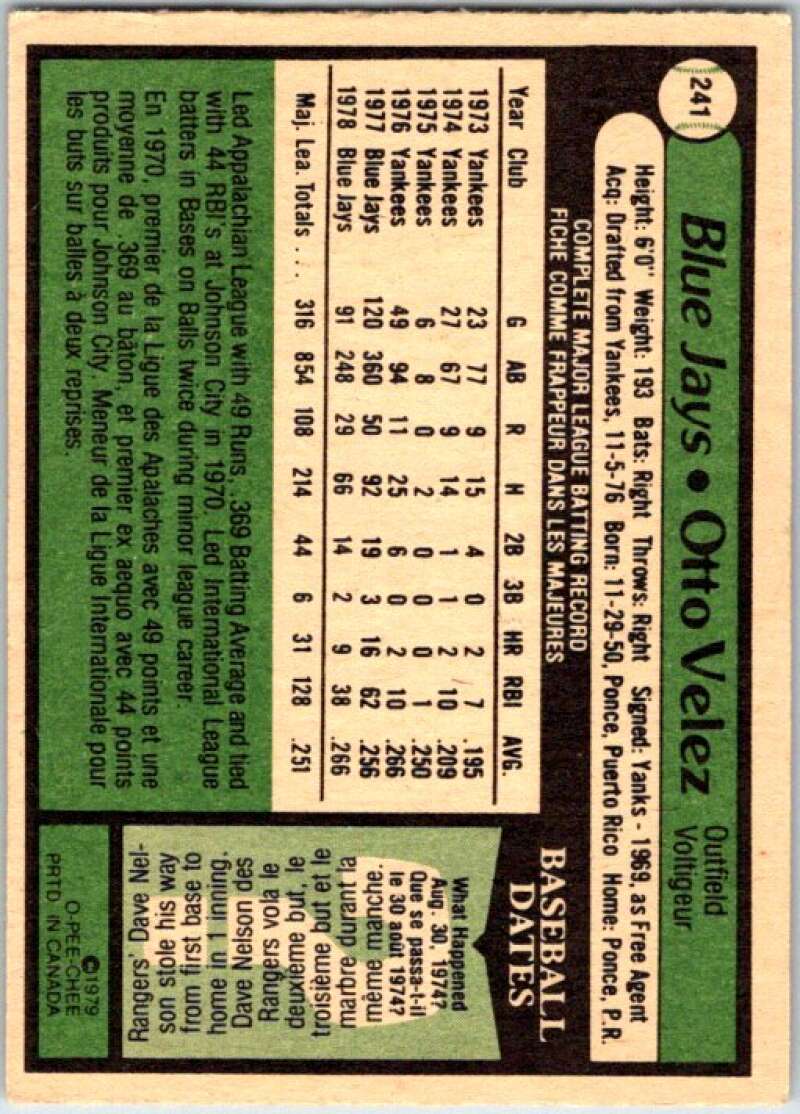 1979 OPC Baseball #241 Otto Velez Jays V50457 Image 2