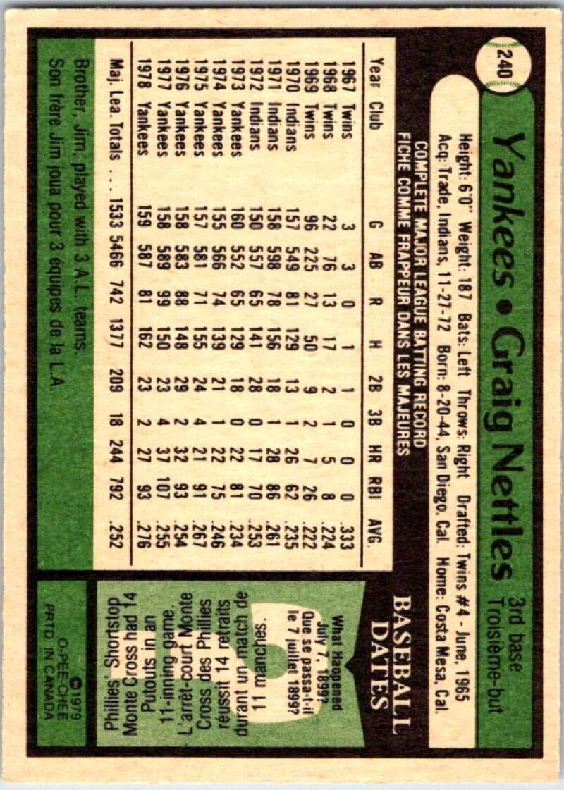 1979 OPC Baseball #240 Graig Nettles New York Yankees V50459 Image 2