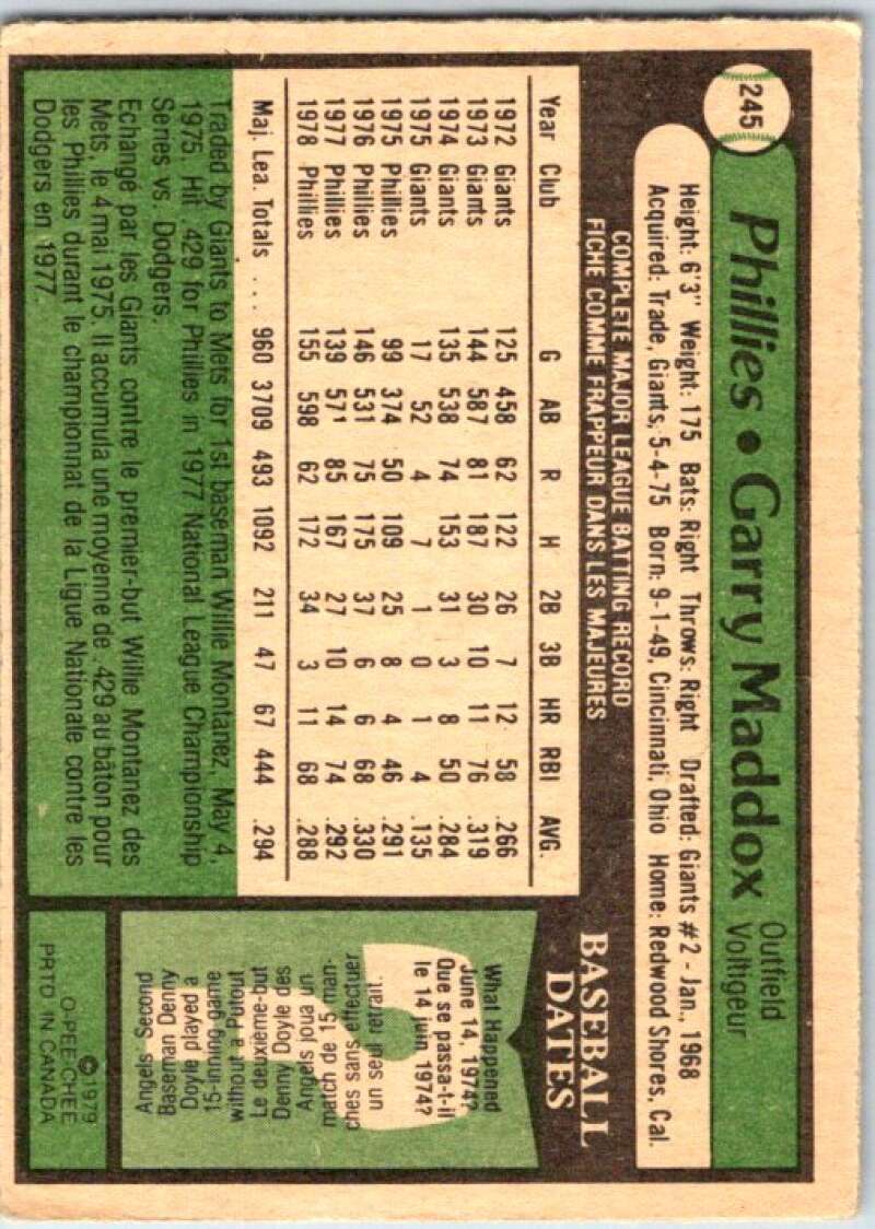 1979 OPC Baseball #245 Garry Maddox DP Philadelphia Phillies V50463 Image 2