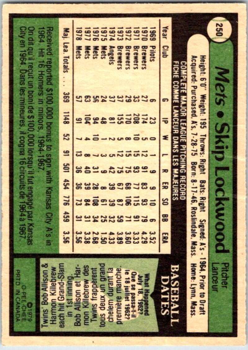 1979 OPC Baseball #250 Skip Lockwood  New York Mets  V50467 Image 2