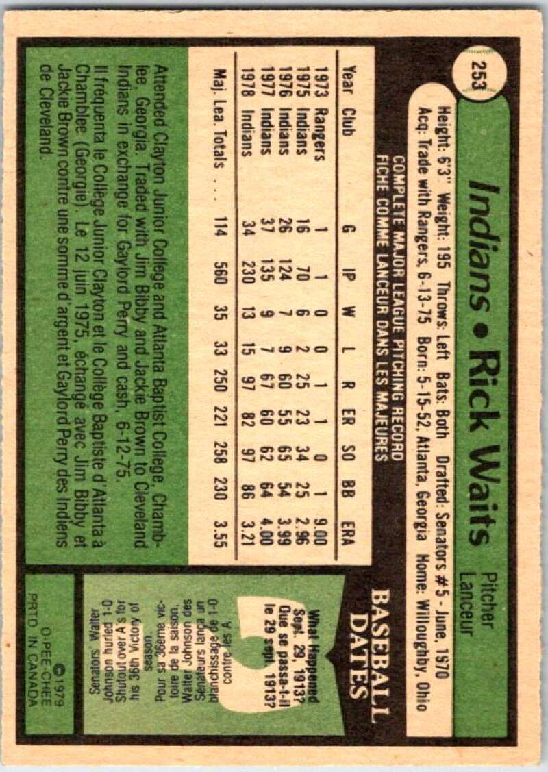 1979 OPC Baseball #253 Rick Waits  Cleveland Indians  V50469 Image 2