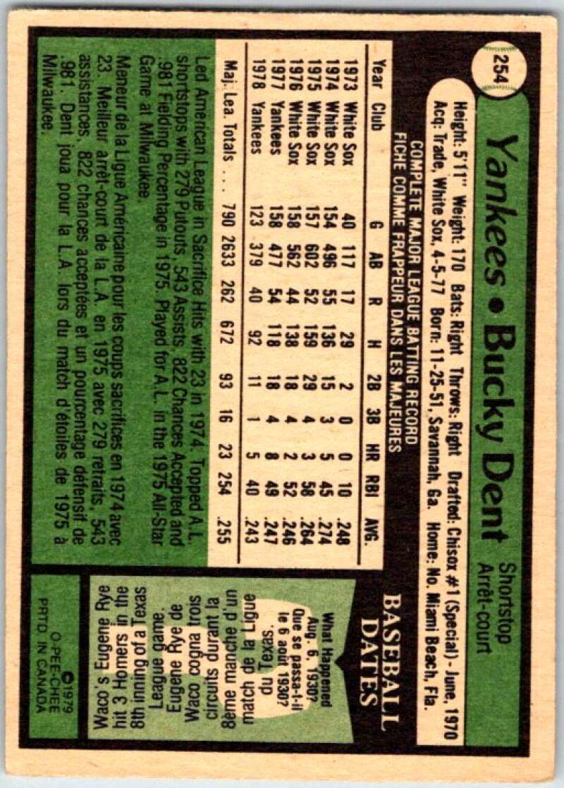 1979 OPC Baseball #254 Bucky Dent  New York Yankees  V50470 Image 2