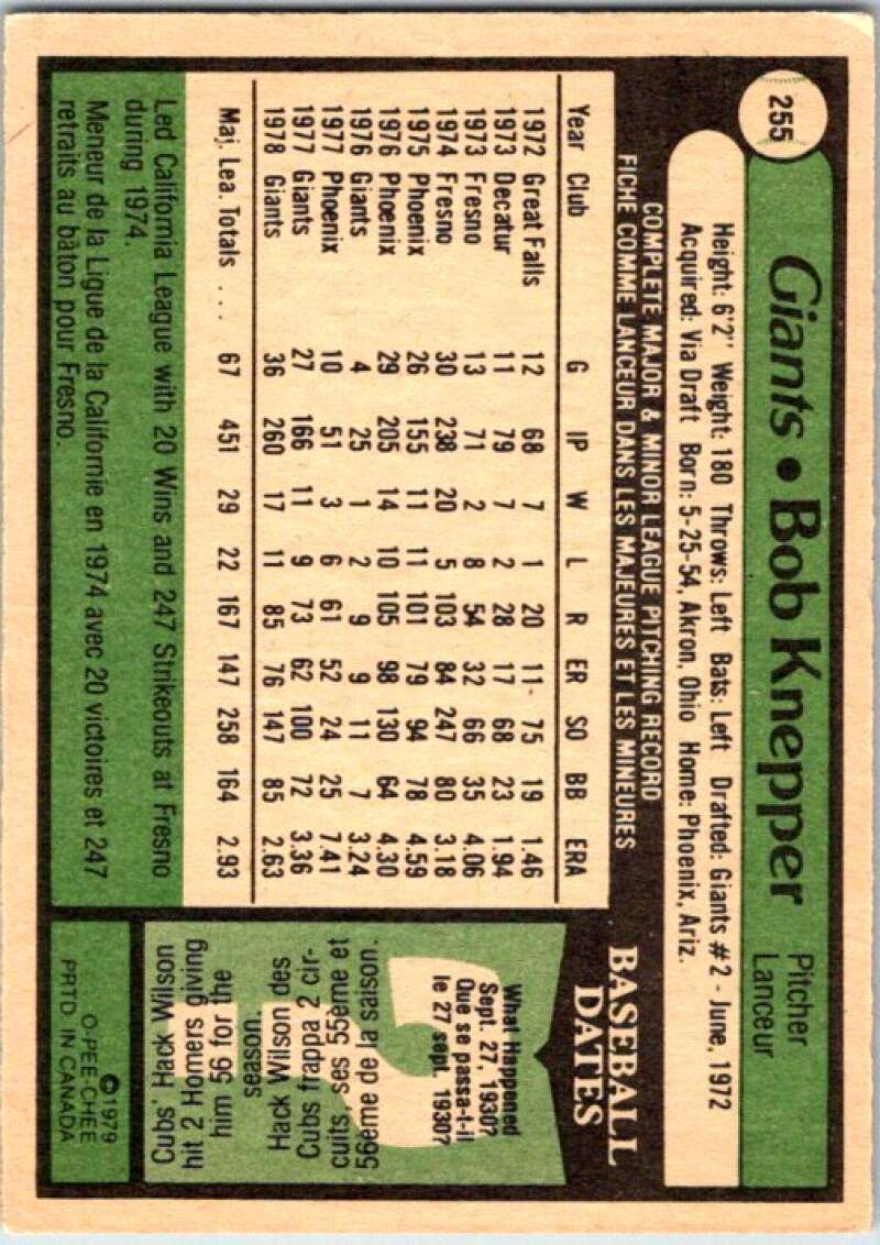 1979 OPC Baseball #255 Bob Knepper San Francisco Giants V50471 Image 2