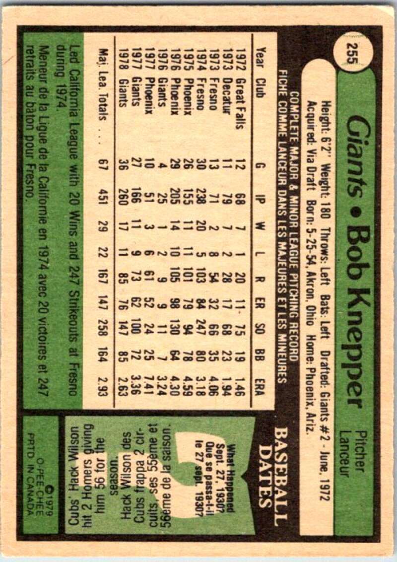 1979 OPC Baseball #255 Bob Knepper  San Francisco Giants  V50471 Image 2