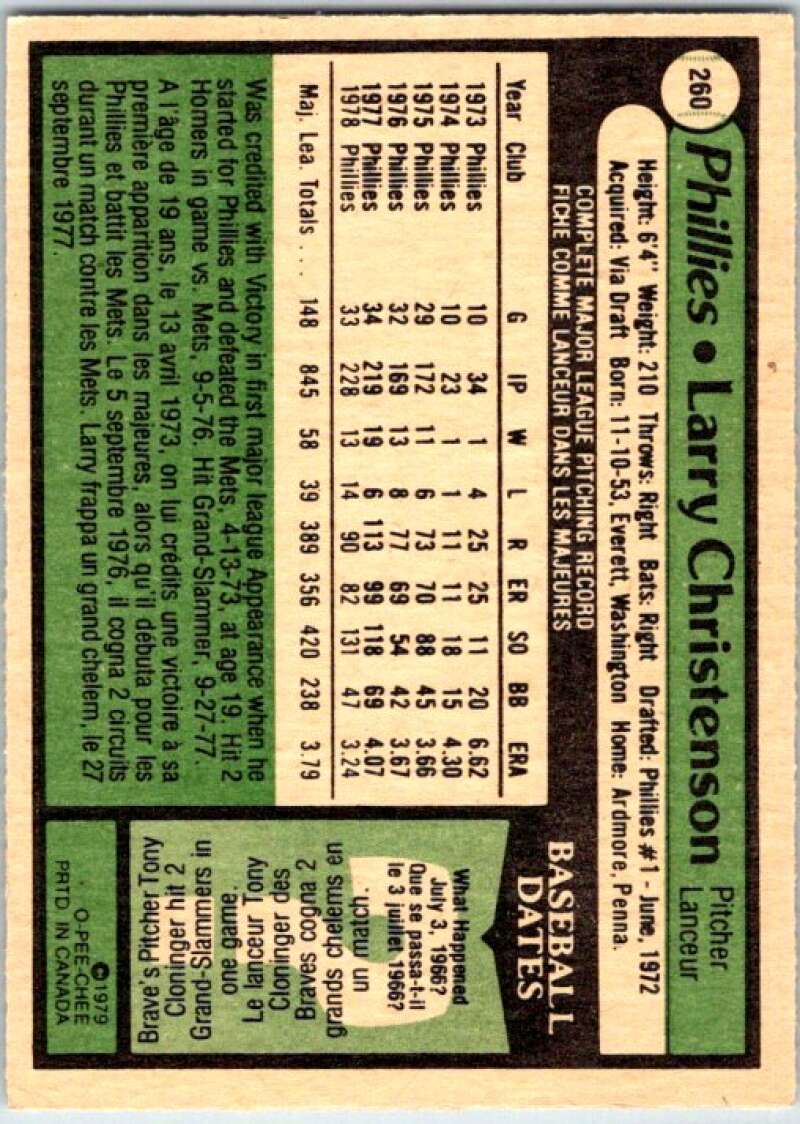 1979 OPC Baseball #260 Larry Christenson Philadelphia Phillies V50474 Image 2