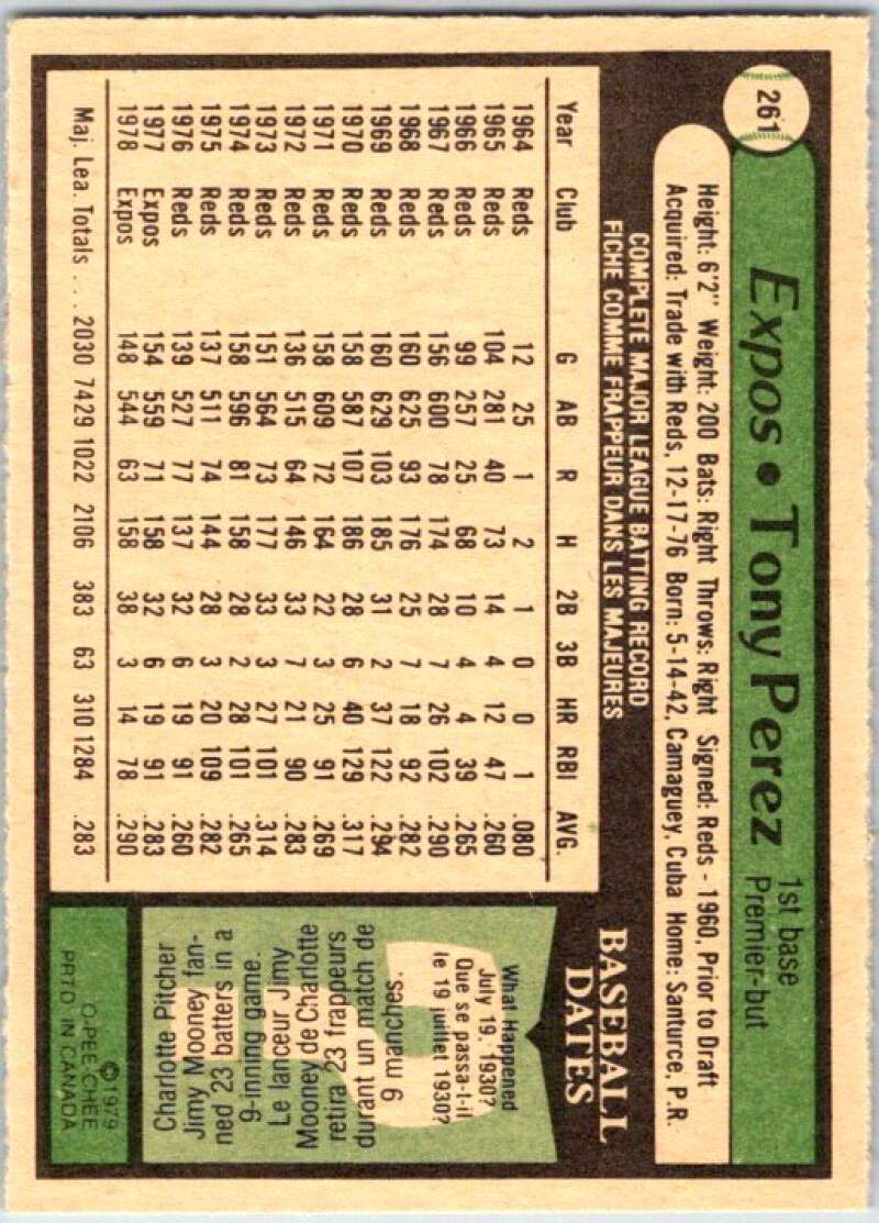 1979 OPC Baseball #261 Tony Perez  Montreal Expos  V50475 Image 2