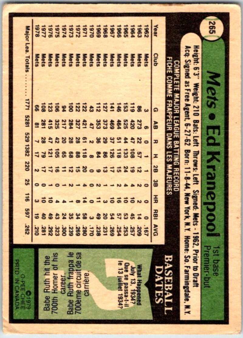 1979 OPC Baseball #265 Ed Kranepool New York Mets V50480 Image 2