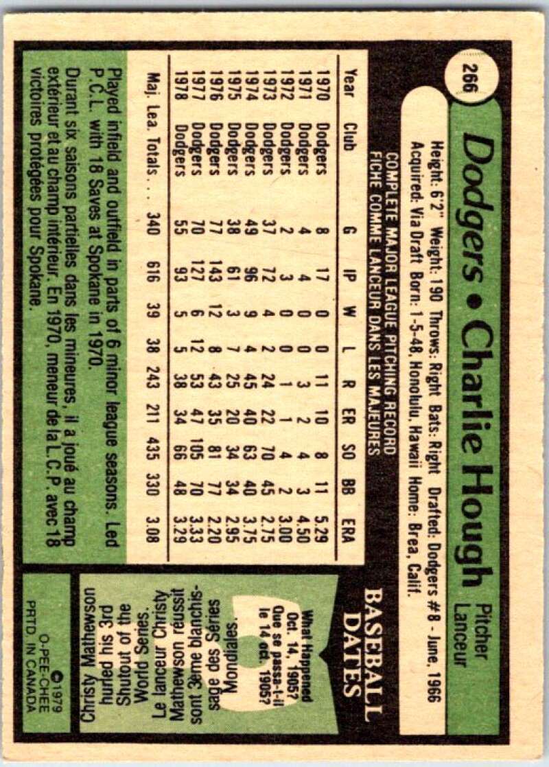 1979 OPC Baseball #266 Charlie Hough Los Angeles Dodgers V50482 Image 2