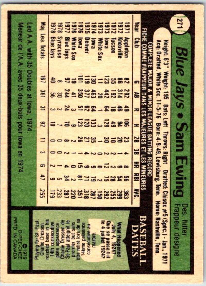 1979 OPC Baseball #271 Sam Ewing Toronto Blue Jays V50485 Image 2