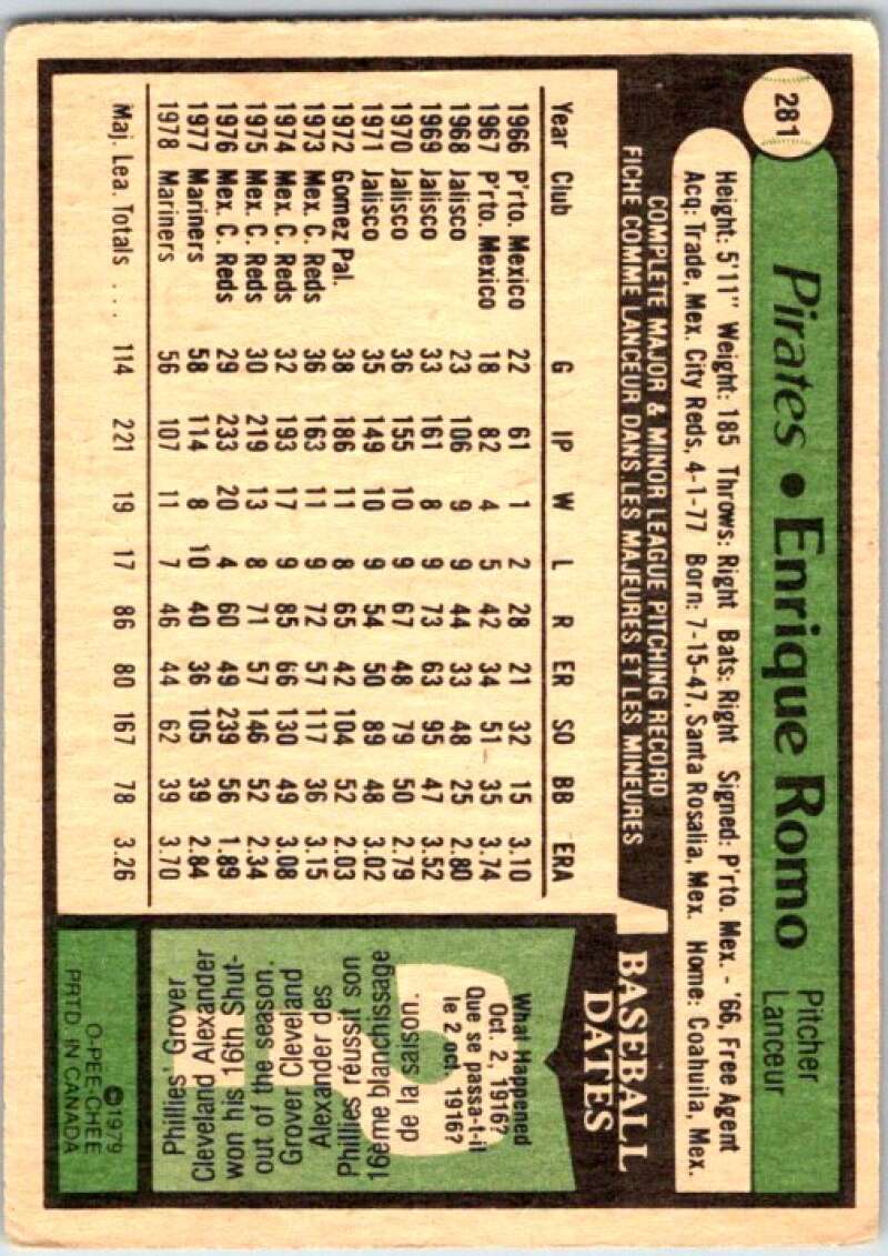 1979 OPC Baseball #281 Enrique Romo Seattle Mariners V50492 Image 2