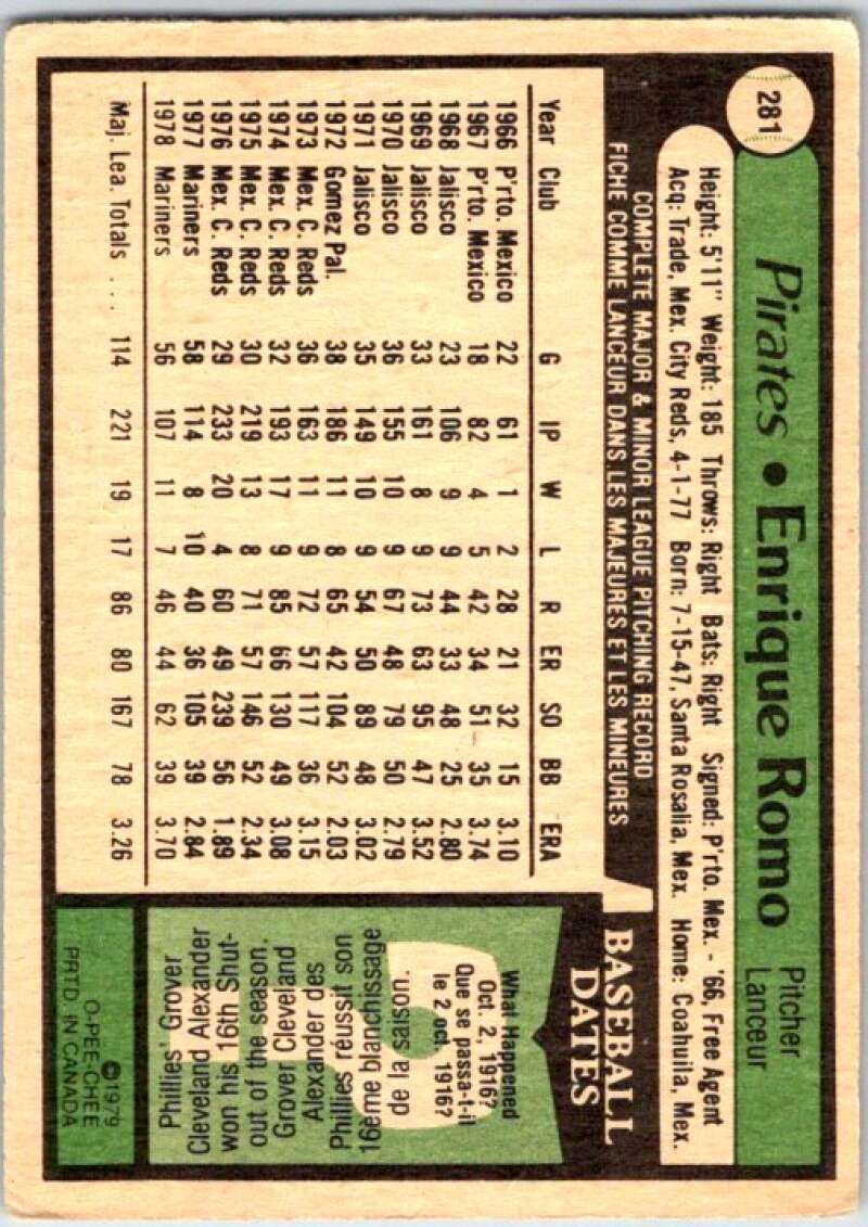 1979 OPC Baseball #281 Enrique Romo  Seattle Mariners  V50492 Image 2