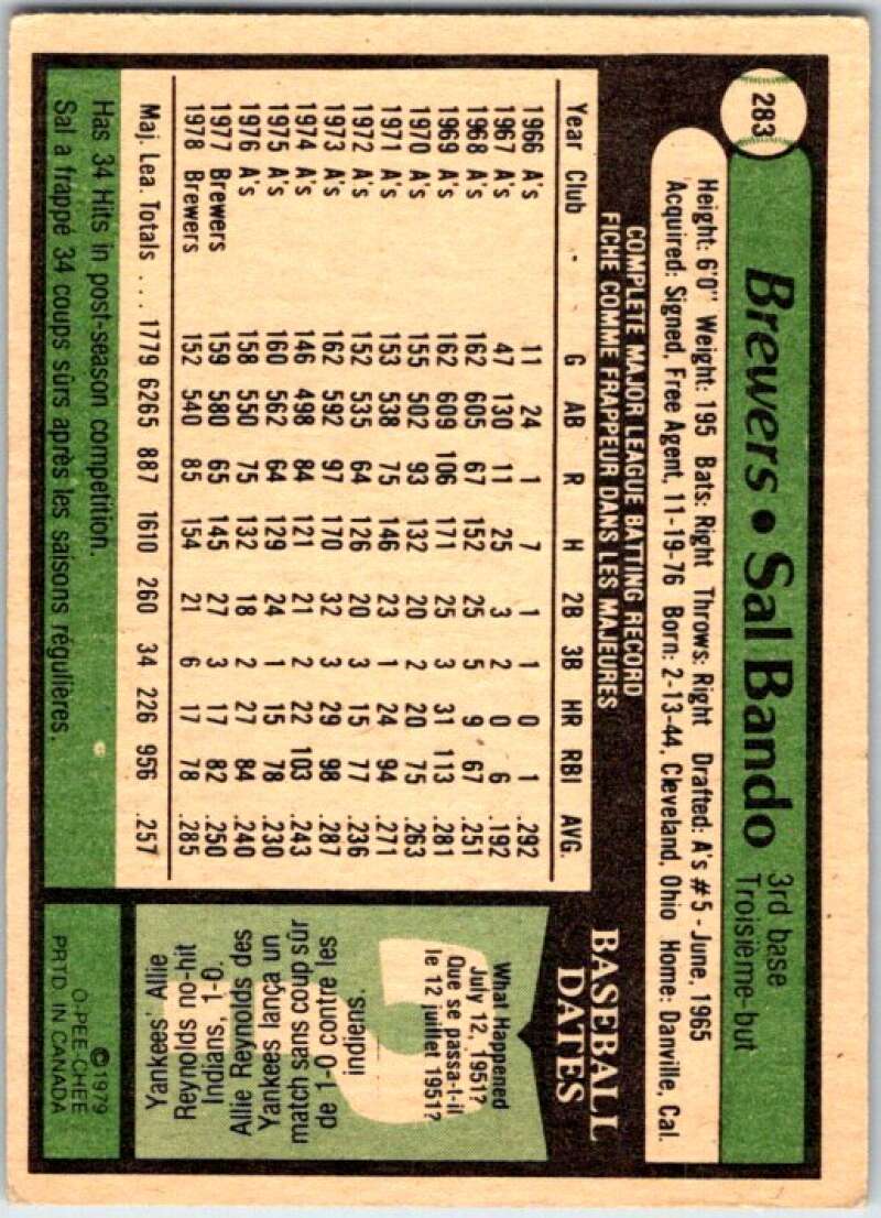 1979 OPC Baseball #283 Sal Bando Milwaukee Brewers V50494 Image 2