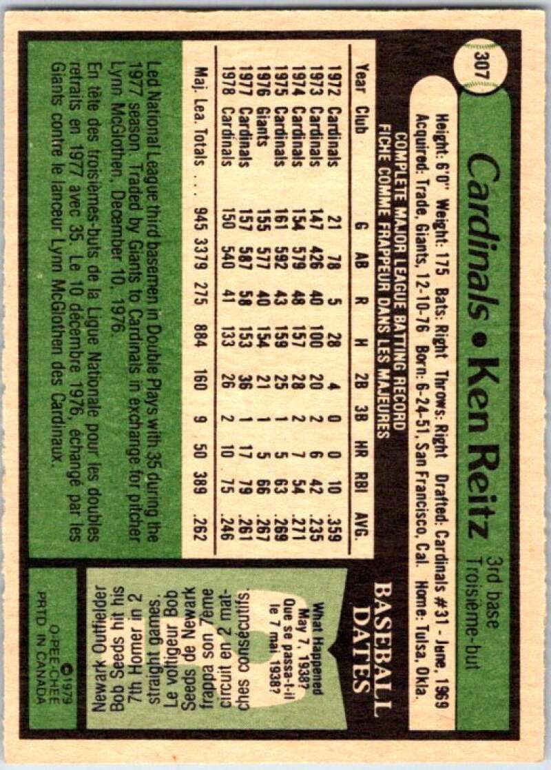 1979 OPC Baseball #307 Ken Reitz St. Louis Cardinals V50511 Image 2