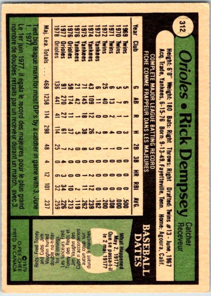1979 OPC Baseball #312 Rick Dempsey Baltimore Orioles V50515 Image 2