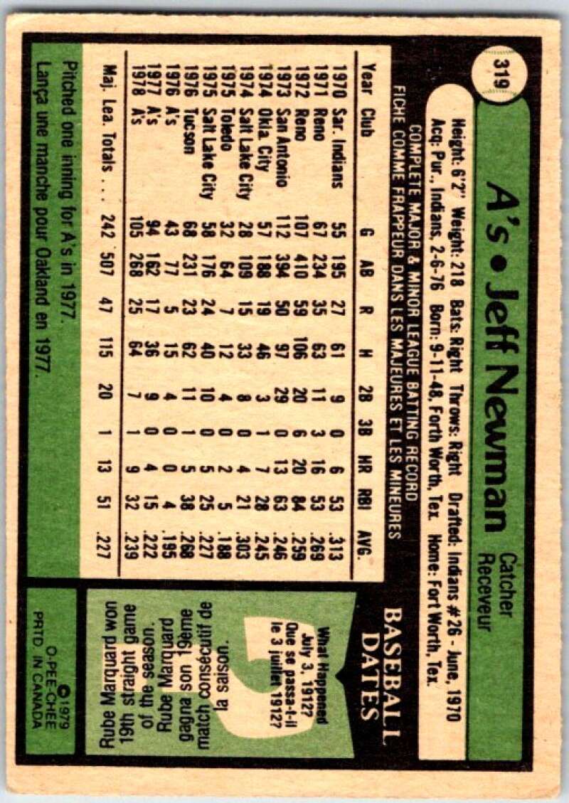 1979 OPC Baseball #319 Jeff Newman  Oakland Athletics  V50522 Image 2