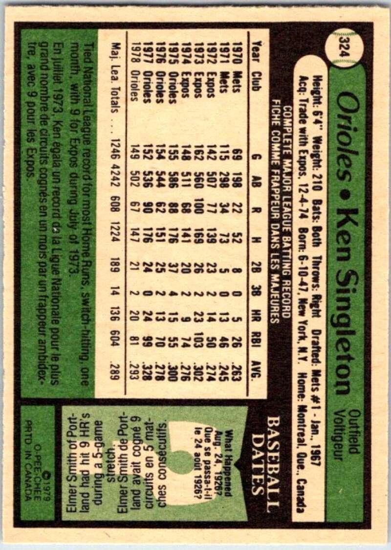 1979 OPC Baseball #324 Ken Singleton Baltimore Orioles V50528 Image 2