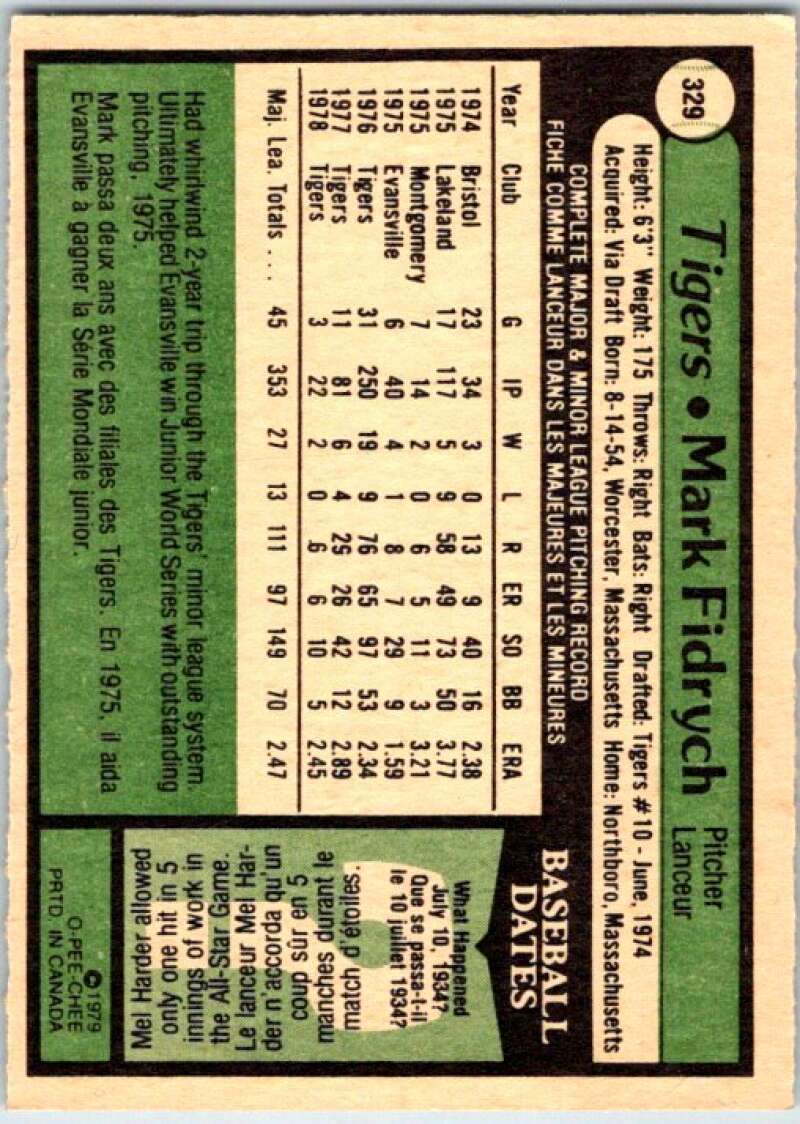 1979 OPC Baseball #329 Mark Fidrych  Detroit Tigers  V50530 Image 2